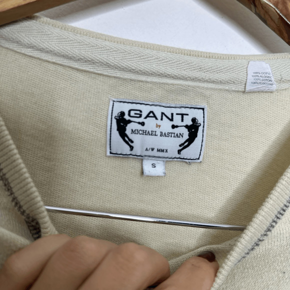GANT X MICHAEL BASTIAN Cotton Long Sleeve T shirt cream contrast stitch Men's S - Picture 6 of 9